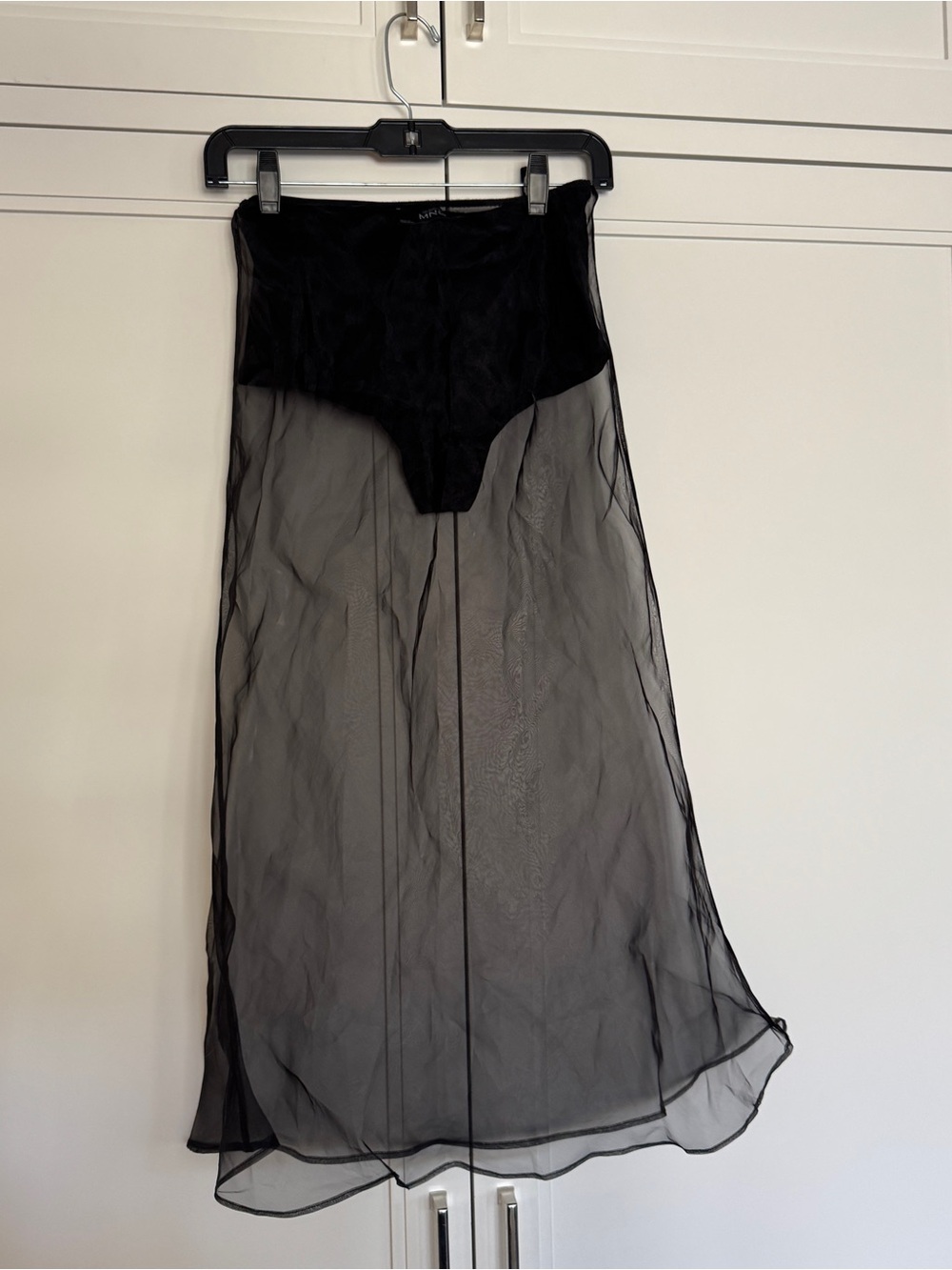 Mango Sheer Black Mesh Slip Skirt with black underwear